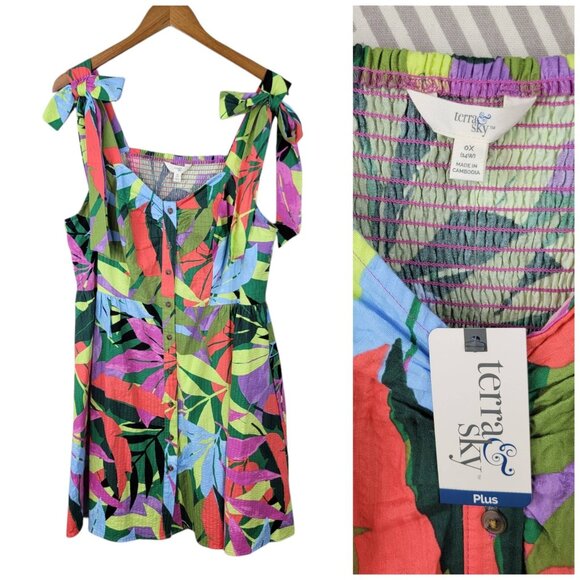 NEW Terra Sky Tropical Hawaiian Dress Plus 0X 14W Floral Shirred Top Stretch - Picture 1 of 9